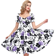 Belle Poque Stock Manga Curta Atrás Atrás Floral Print Cotton Vintage 50s Retro Party Dress BP000028-2